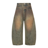 ACID WASHED CURVED WIDE LEG JEANS